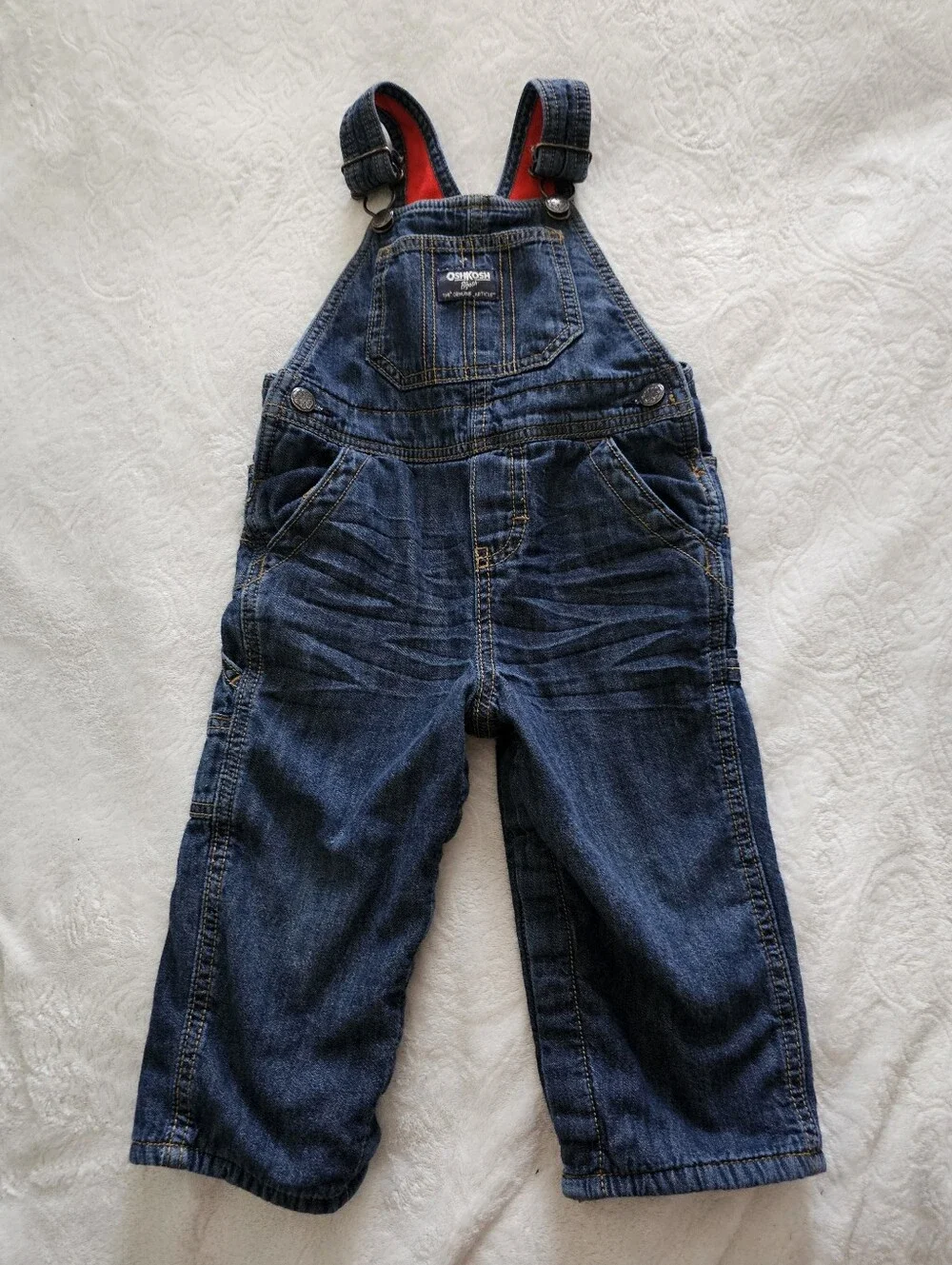 OshKosh B'gosh Baby Overalls 18M Denim Fleece Lined Red Blue Jean Classic Bib